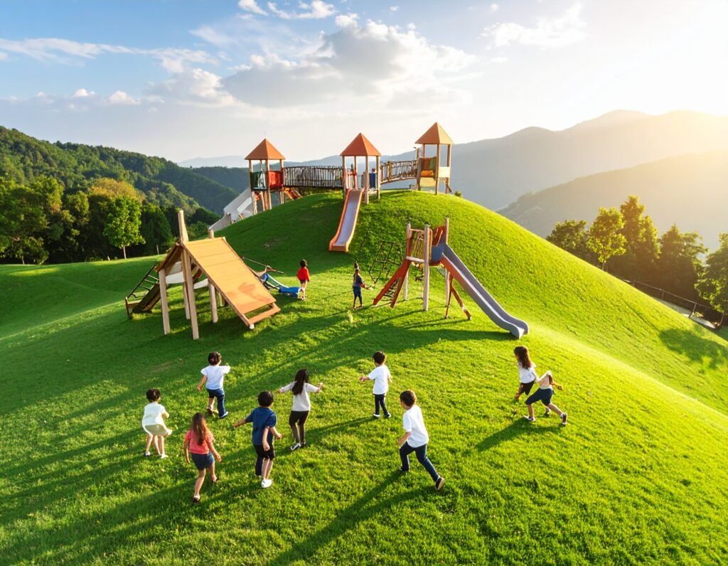 firefly make a green grassy hills, a playground, and 5 kids playing togther. 61774
